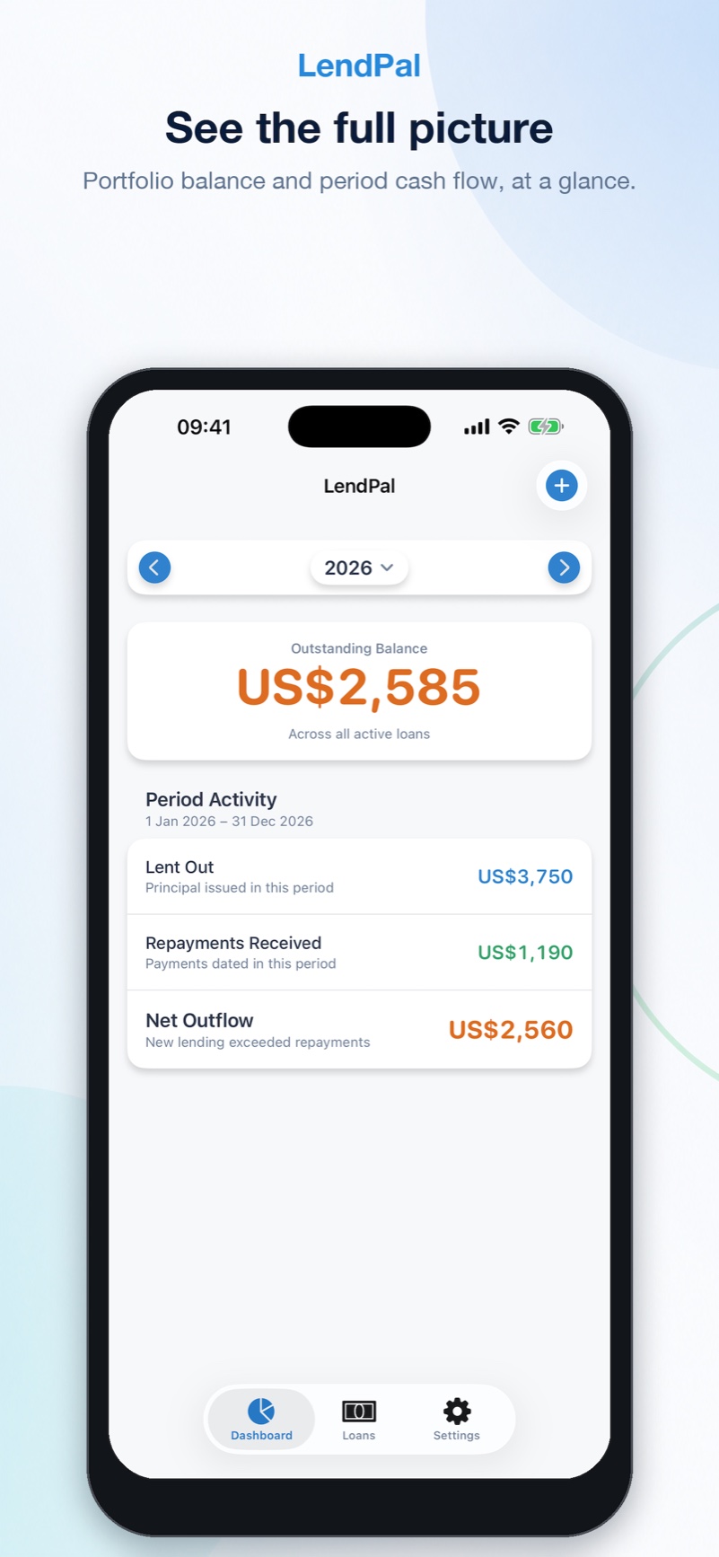 LendPal dashboard showing total lent, repaid, and outstanding balances