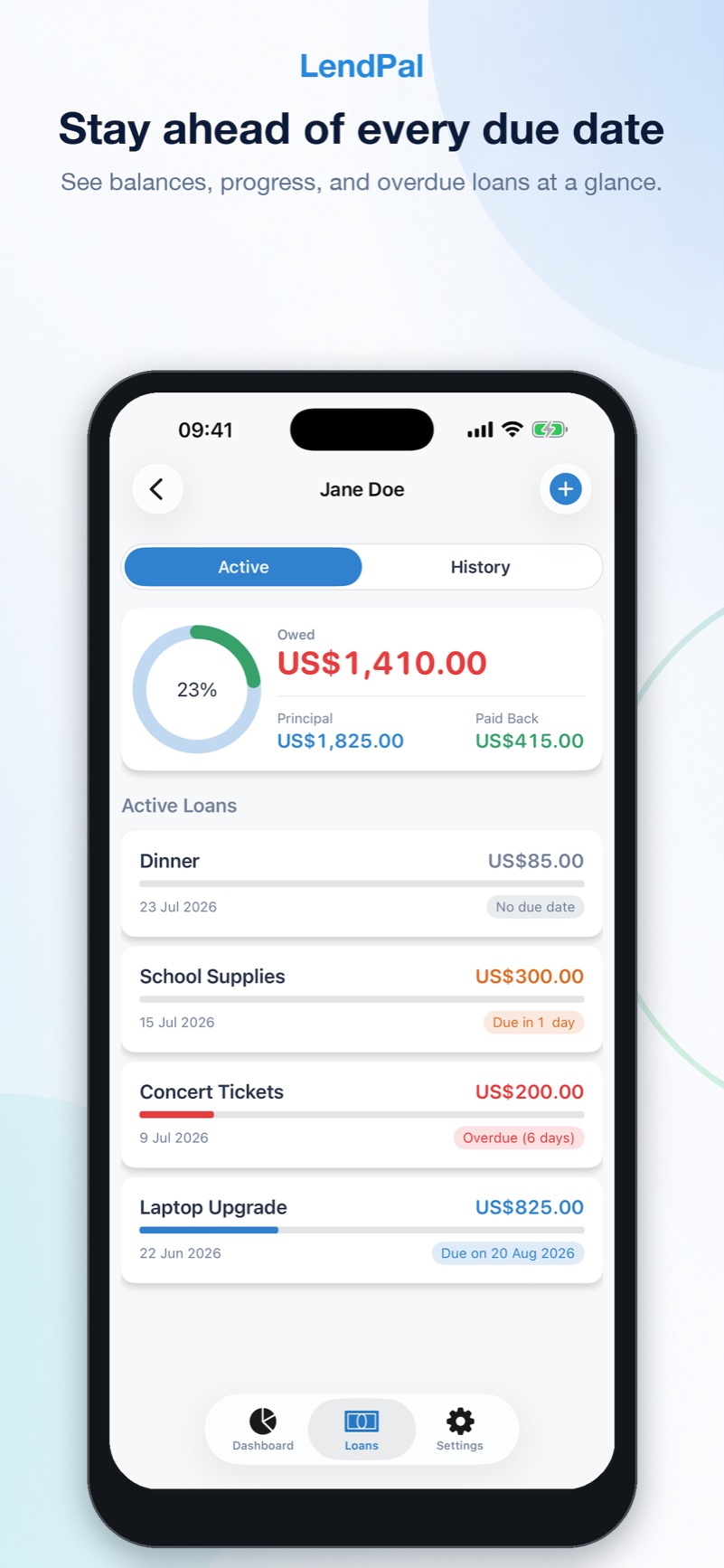 LendPal loan list showing payment progress and due dates