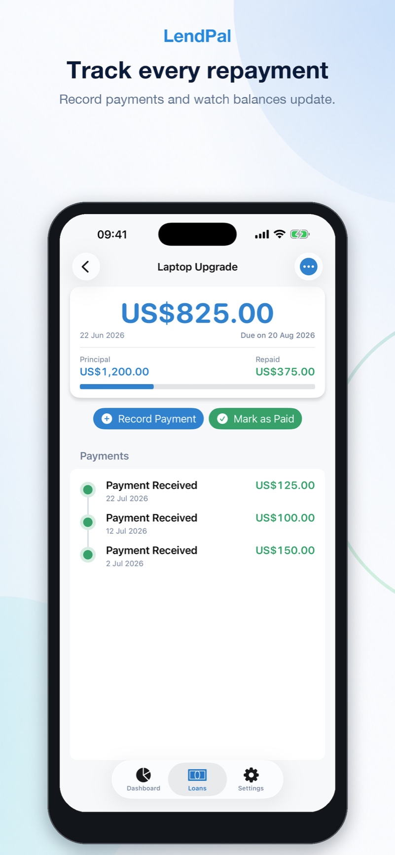 LendPal repayment history for an active loan
