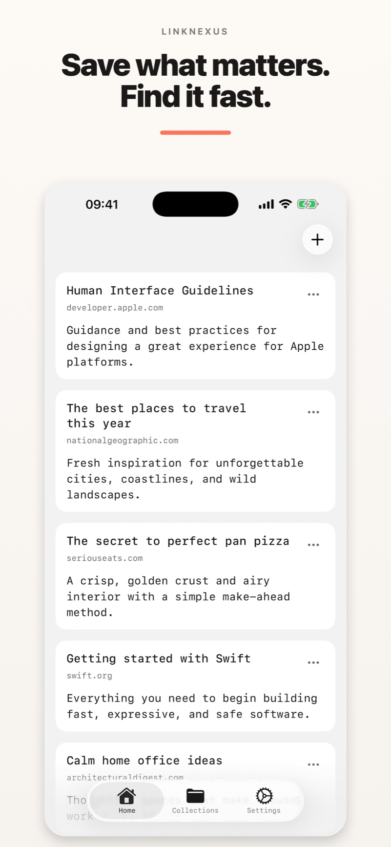 LinkNexus home screen for saving and finding links